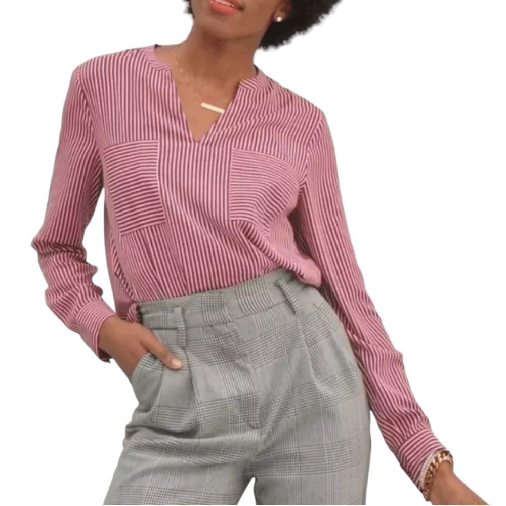CAbi Pink Stripe Split-Neck Blouse